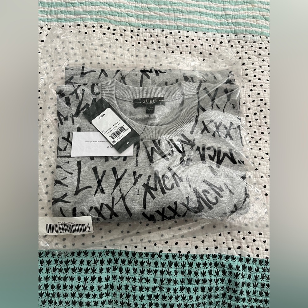 Guess Sweater, gray with black letters, NWT, size large